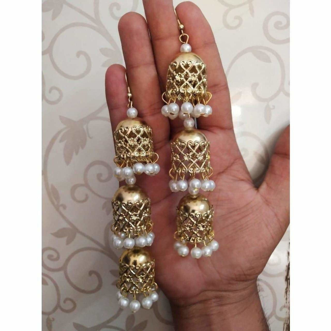 Bridal Gold Plated White Pearl Hanging Jhumka Earrings