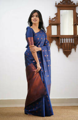 DEIANA'S Beautiful Golden Jari with New Design Soft Lichi Silk Saree - Blue - Distacart