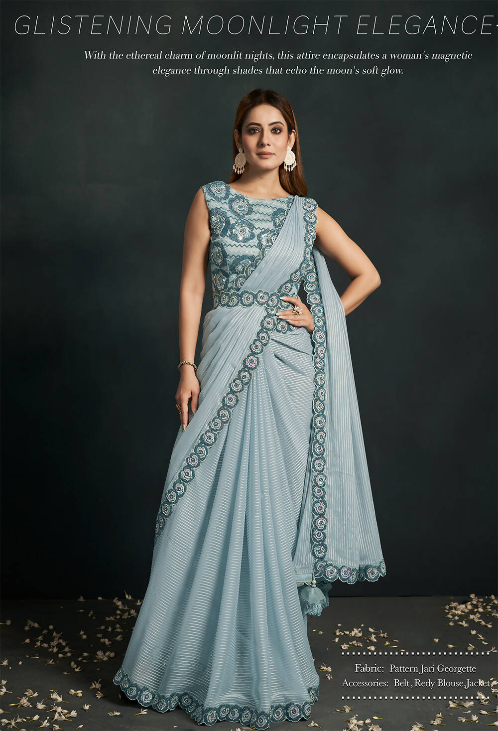 Light Blue Pattern Jari Georgette Cord Sequence & Thread Embroidered & Stone Work Saree - Moh-Manthan Royal Enigma - Distacart