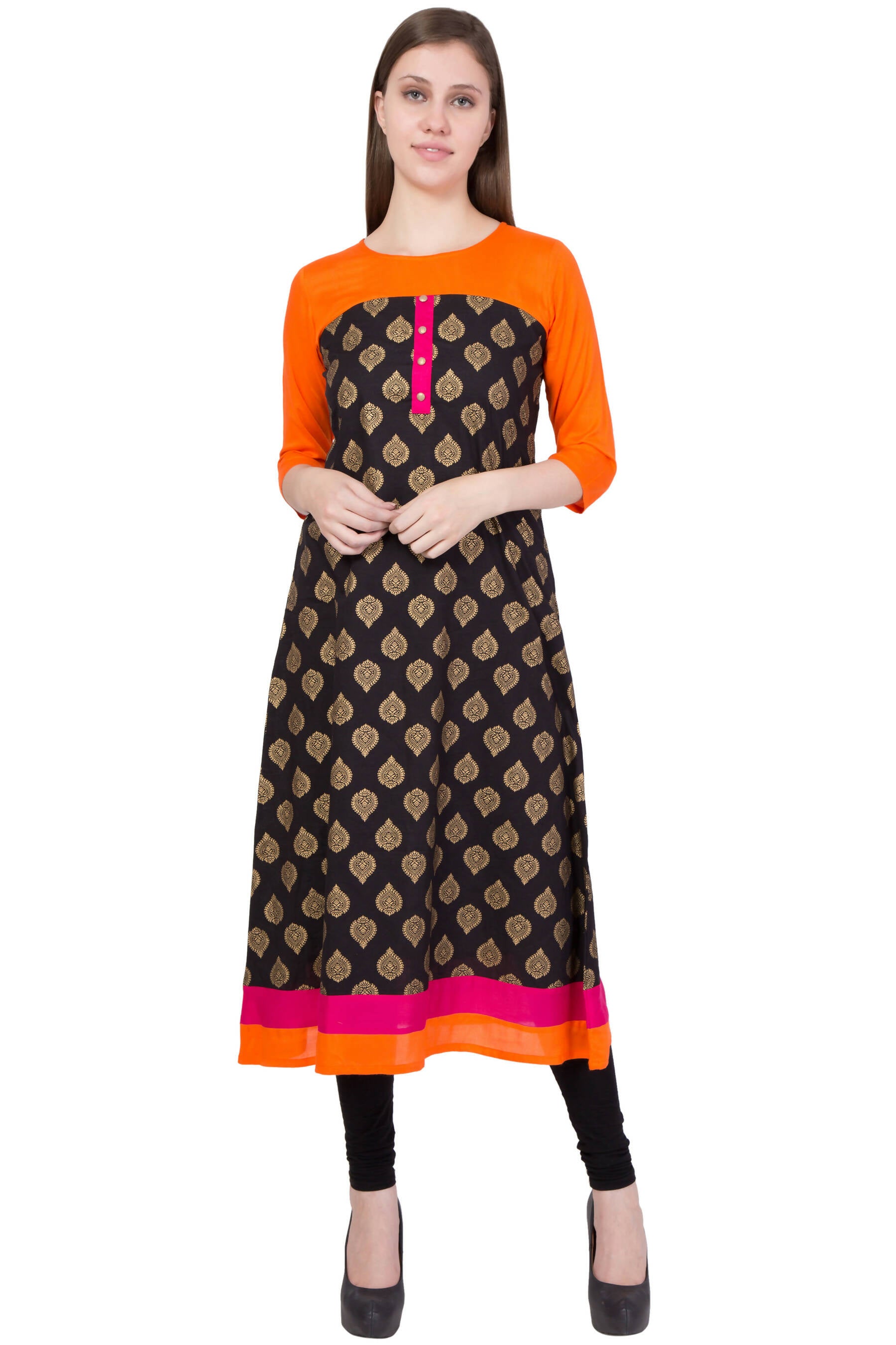 Women's Orange Round Neck Kurti With Contrast Panel In Printed Gold - G & A Apparels - Distacart