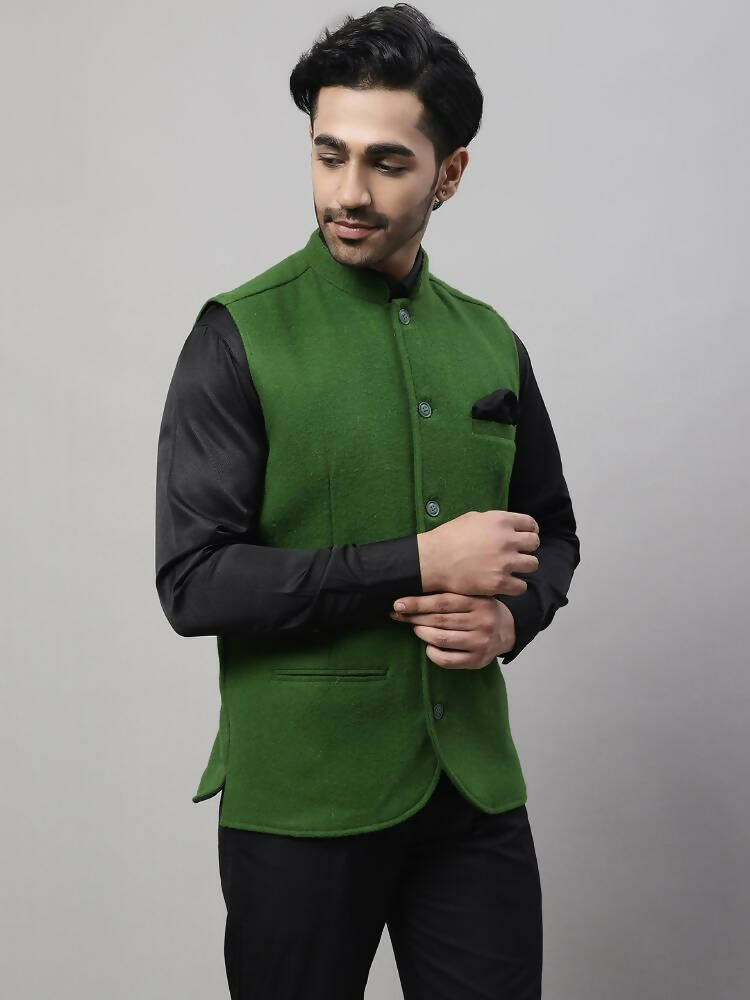 Even Apparels Pure Wool Nehru Jacket - Green - Distacart