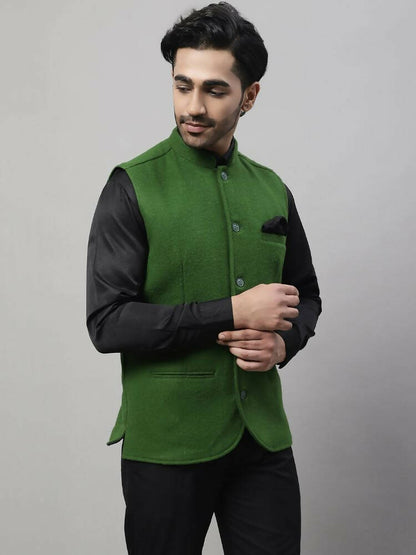 Even Apparels Pure Wool Nehru Jacket - Green - Distacart