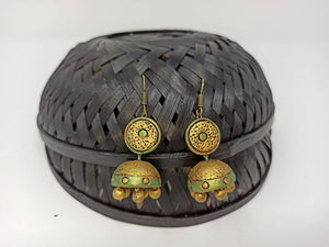 Terracotta Hanging Stud Jhumkas-Pearl Green And Gold