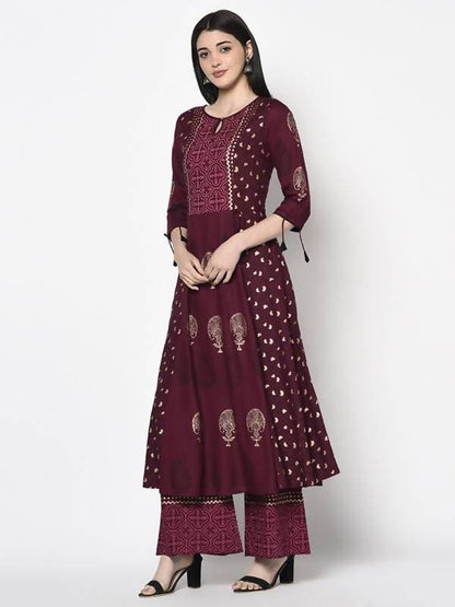 Aniyah Rayon Wine Color Block Print Anarkali Kurta (AN-172K)
