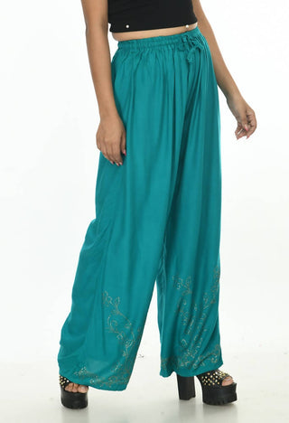 Mominos Fashion Moeza Reyon Cotton Rama Green Color Sirsoki Work Palazzo