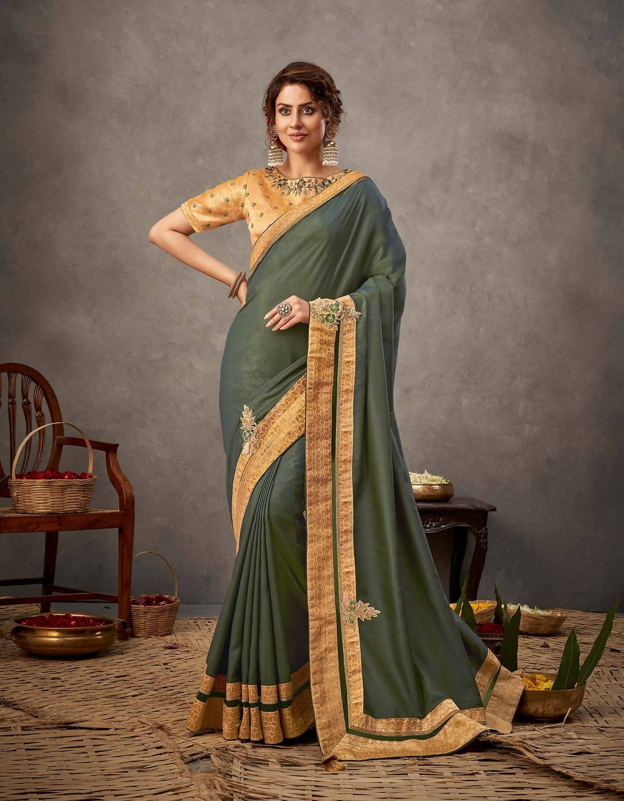 Moss Green Tusser Silk Resham, Cord And Sequins Embroidery, Handwork Butta Saree - Norita Arinya - Distacart
