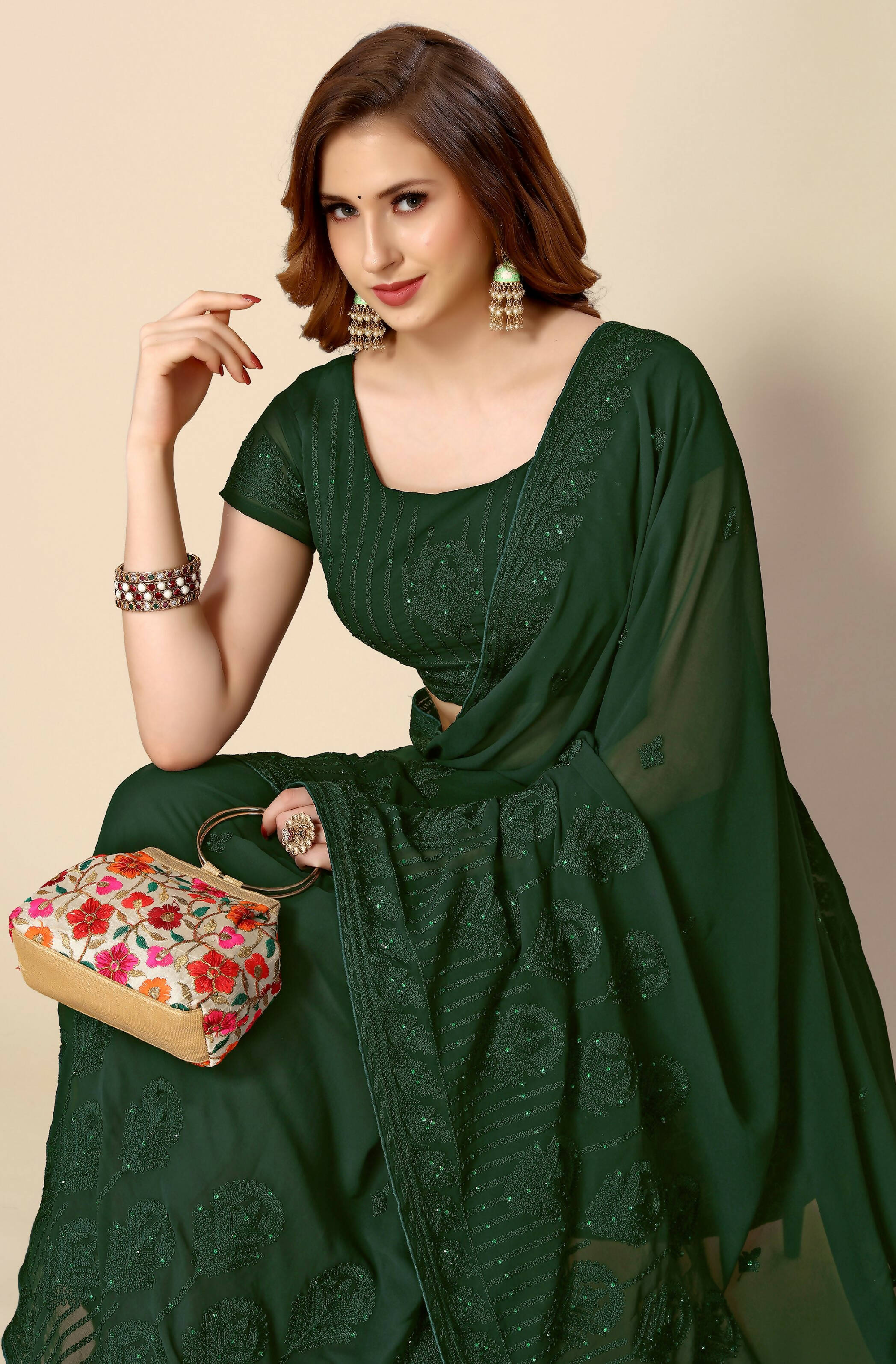Green Georgette Embroidered and Stone Work Saree with Unstitched Blouse Piece - Roozal - Distacart