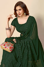 Thumbnail for Green Georgette Embroidered and Stone Work Saree with Unstitched Blouse Piece - Roozal - Distacart