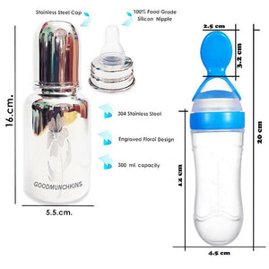 Goodmunchkins Stainless Steel Feeding Bottle & Spoon Food Feeder Anti Colic Silicone Nipple Combo-(Blue,300ml) - Distacart