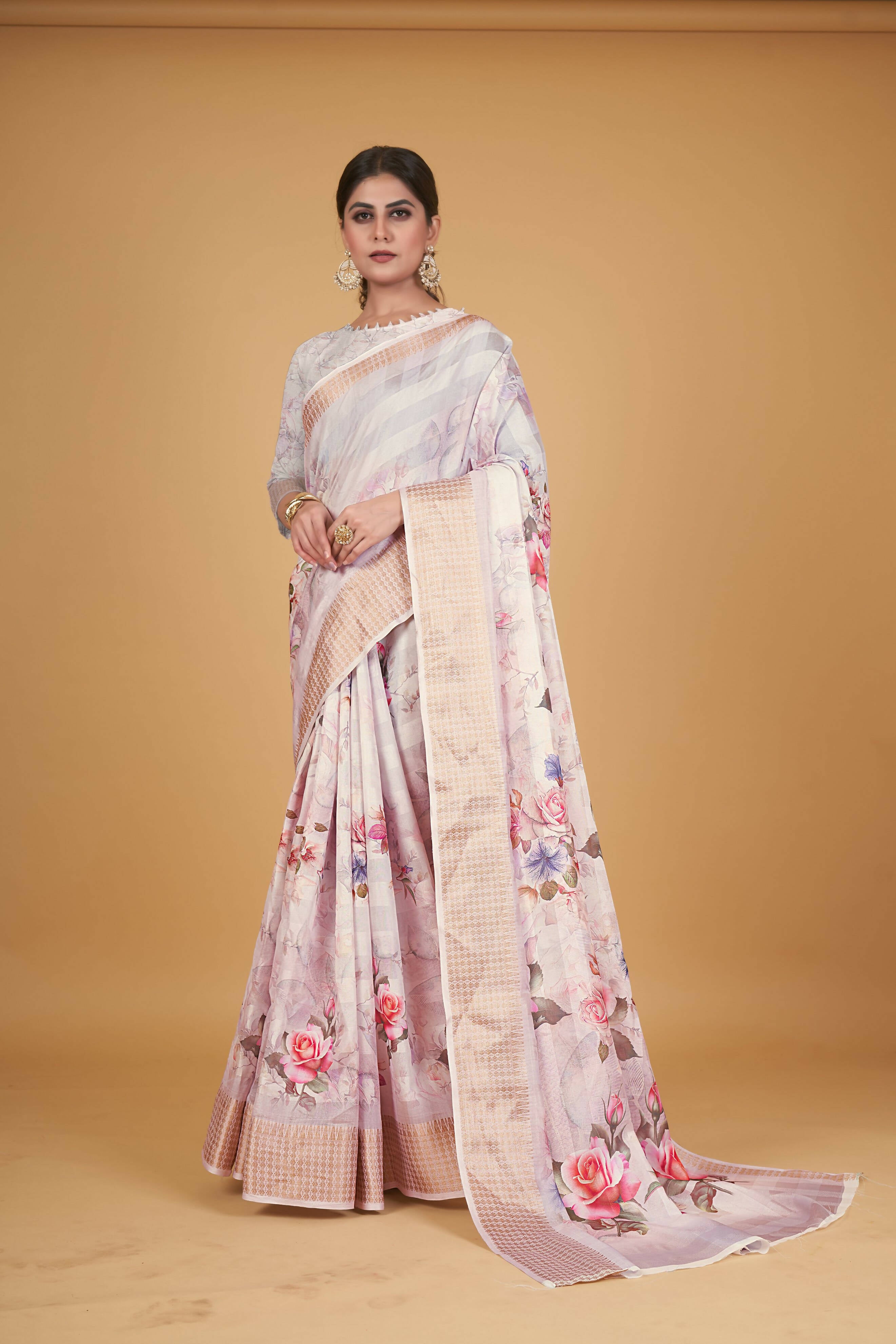 White Cotton Silk Digital Printed Saree With Unstitched Blouse Piece - Alisha - Distacart