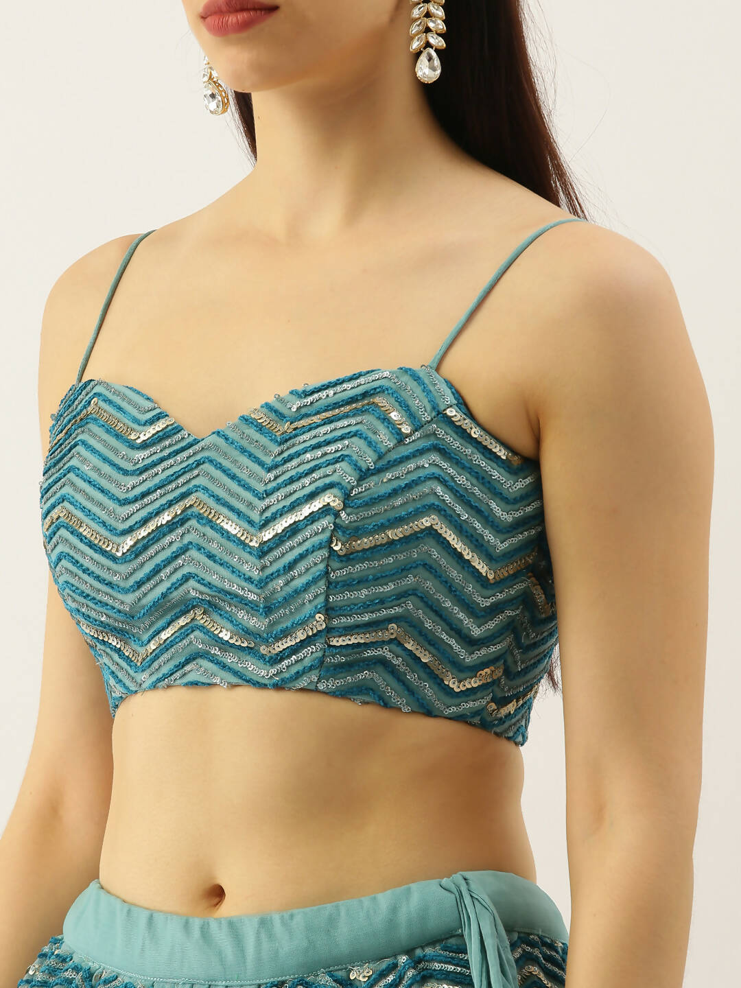 House of Panchhi Women Sea Green Net Zig-Zag Embroideried Lehenga, Blouse & Dupatta - Distacart