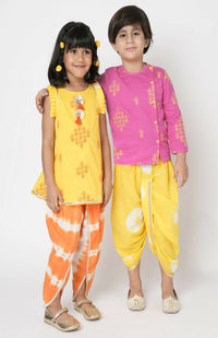 Thumbnail for Lil Drama Marigold Magic Boys Pink Embroidered Kurta With Dhoti Set - Distacart