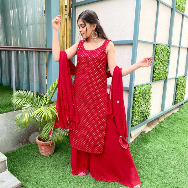 Partywear Designer Red Georgette Palazzo Suit - Anbazaar - Distacart