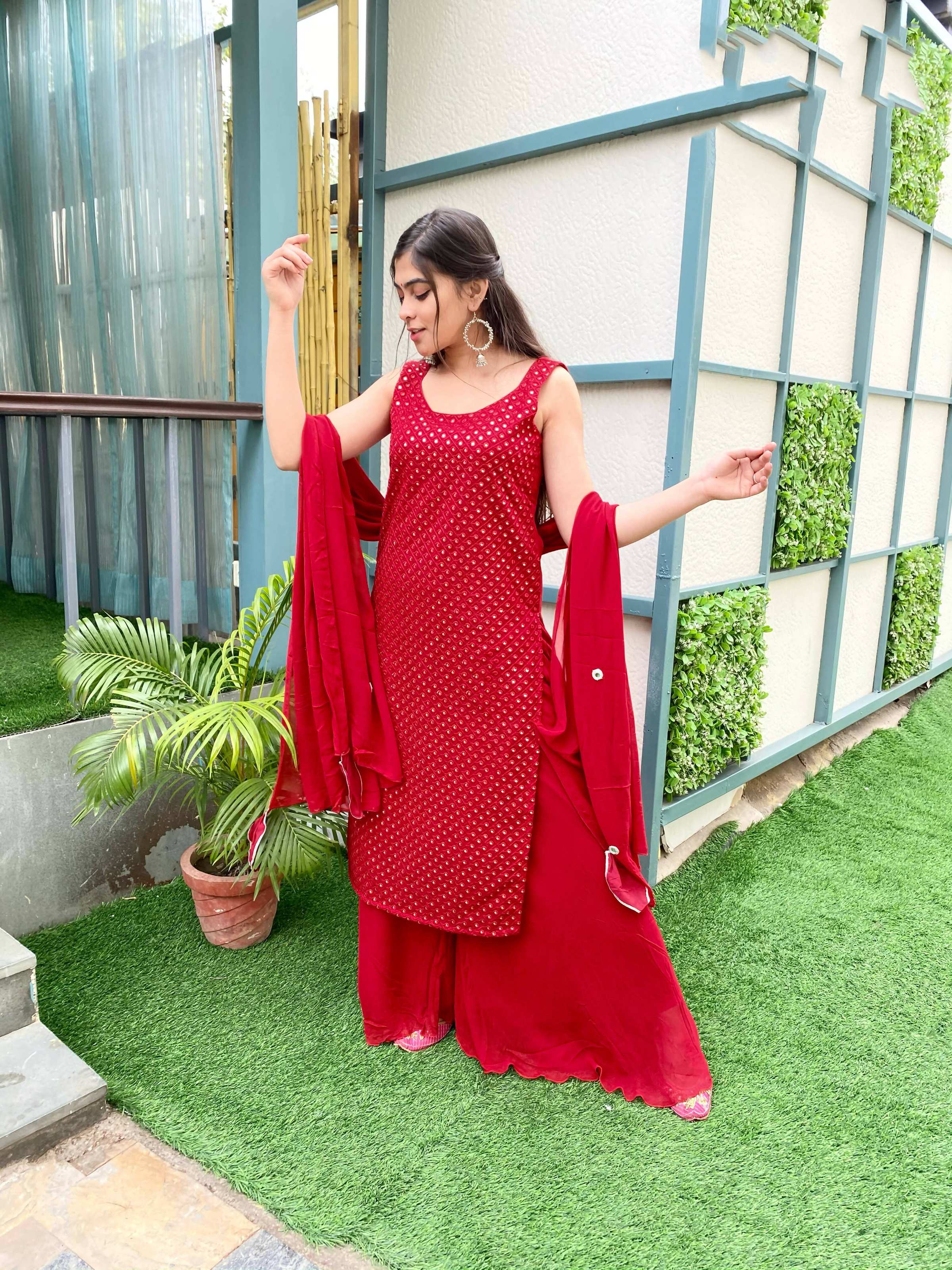 Partywear Designer Red Georgette Palazzo Suit - Anbazaar - Distacart