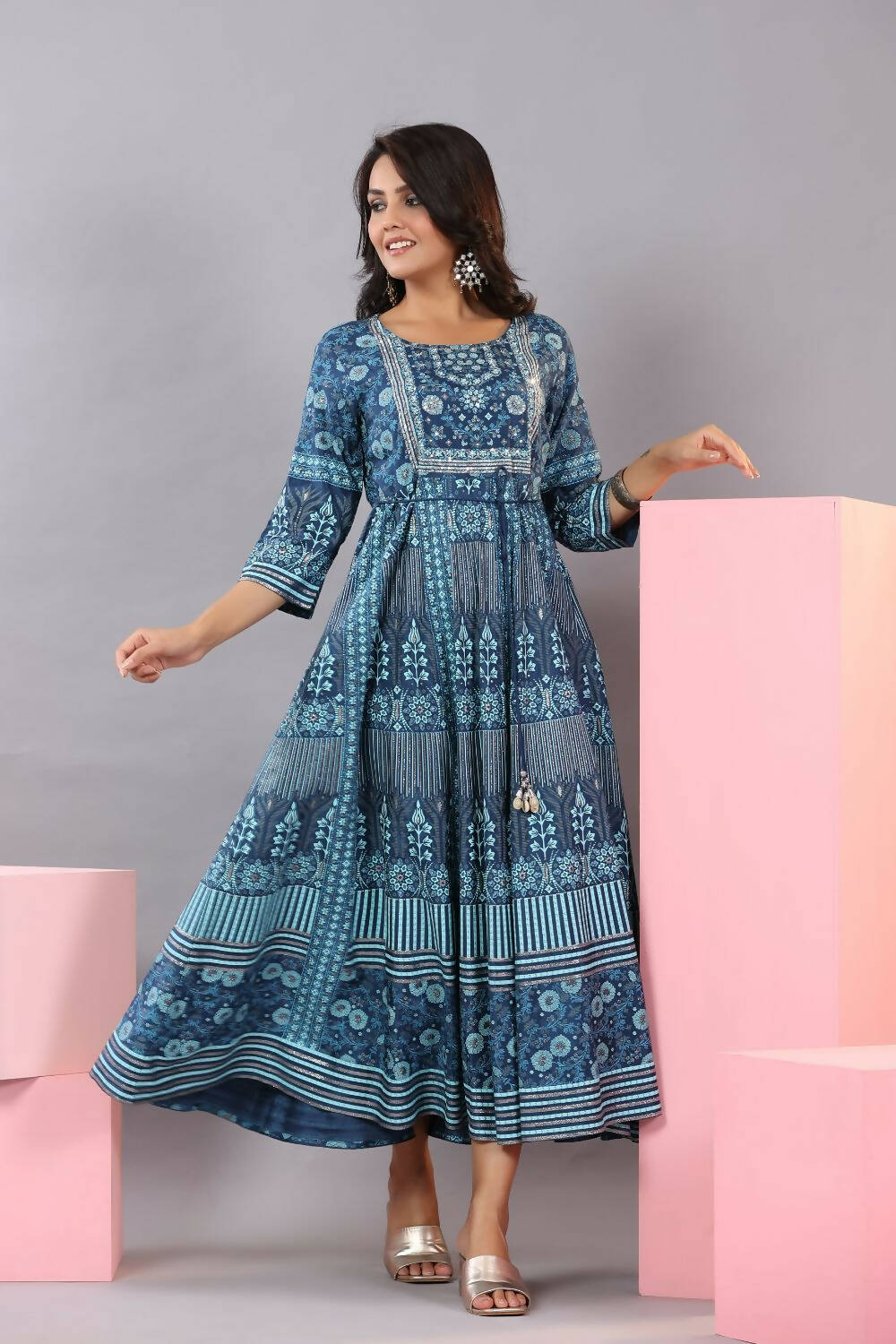 Juniper Women Blue Shantoon Floral Printed Maxi Dress - Distacart