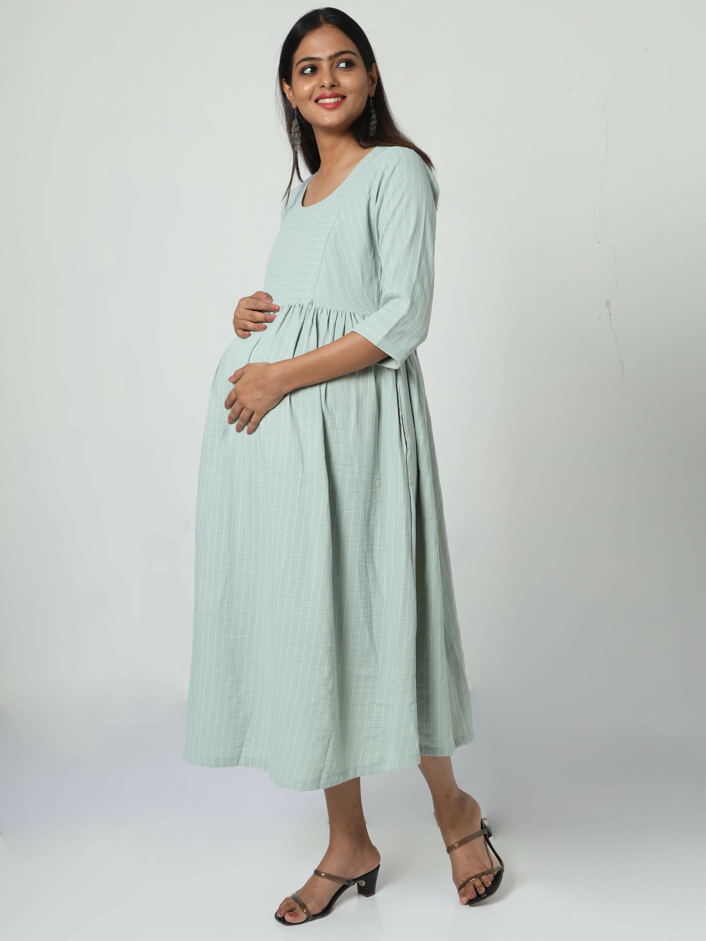 Manet Three Fourth Maternity Dress Striped With Concealed Zipper Nursing Access - Pista Green - Distacart