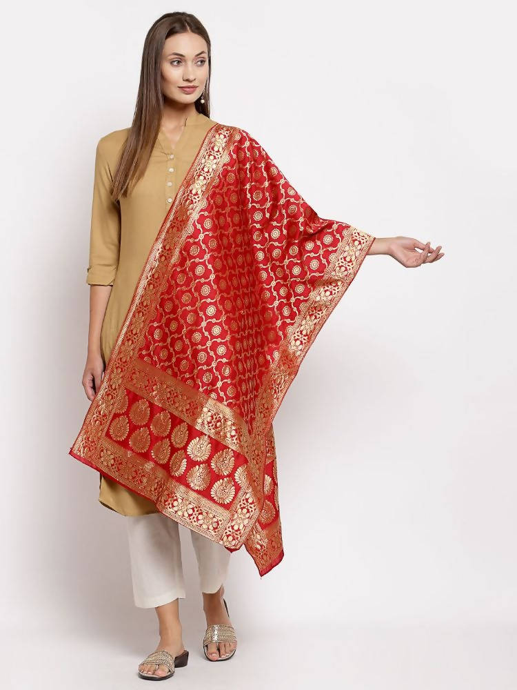 Myshka Women's Red Silk Print Casual Dupatta